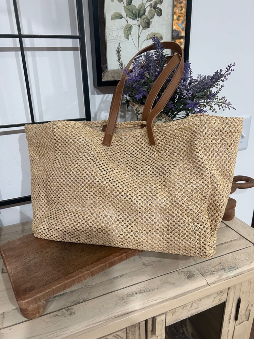 Woven Straw Tote with Brown Leather Trim - Natural - Picture 3 of 6